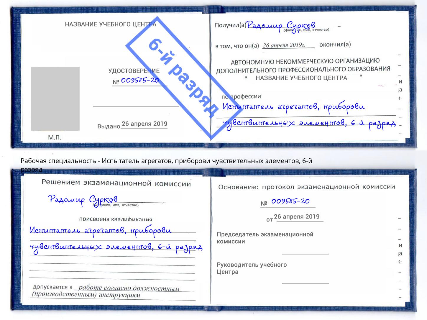 корочка 6-й разряд Испытатель агрегатов, приборови чувствительных элементов Ревда