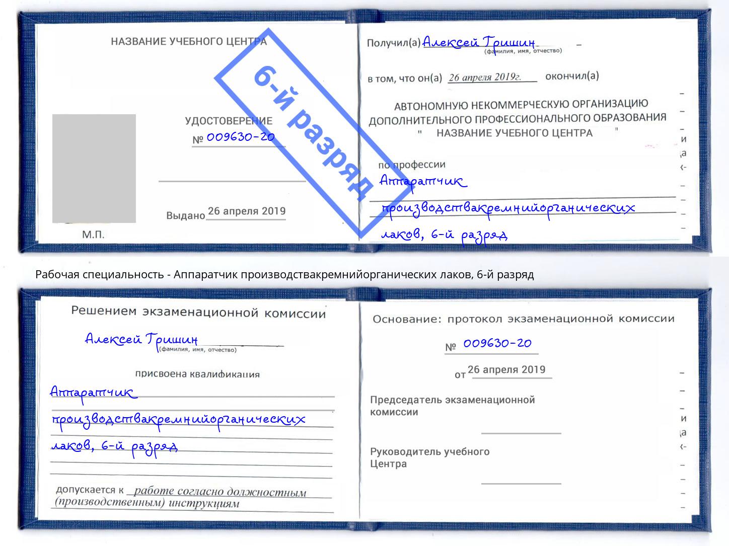 корочка 6-й разряд Аппаратчик производствакремнийорганических лаков Ревда